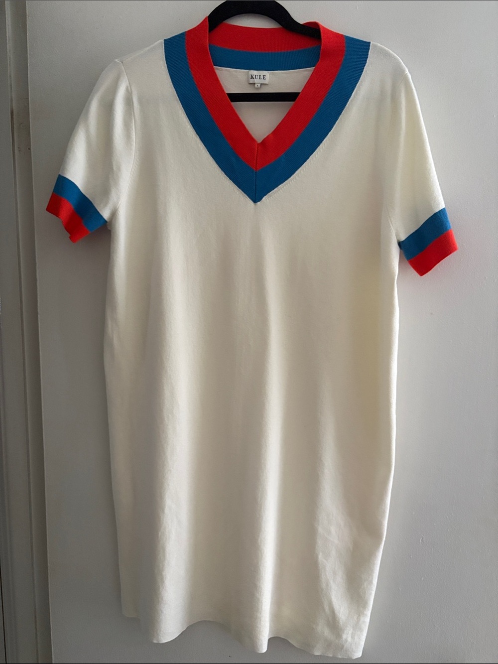 KULE Cream Knit V-Neck Dress with Red and Blue Ribbing